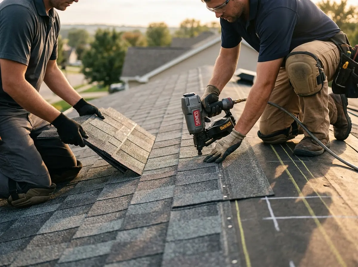 Professional roofer working on a residential roof in Harrisburg